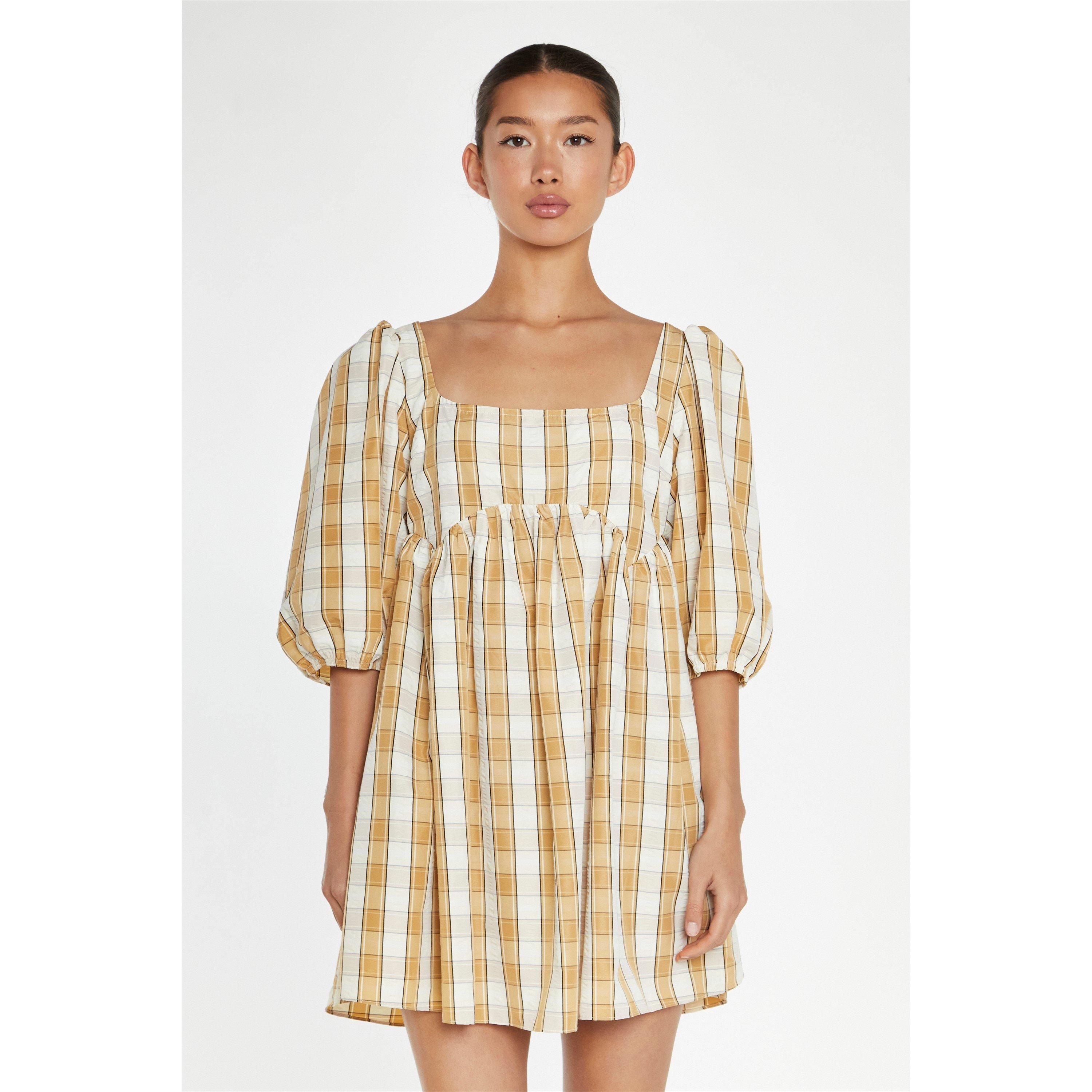 Glamorous Beige Cream Check Square Neck Smock Mini Dress