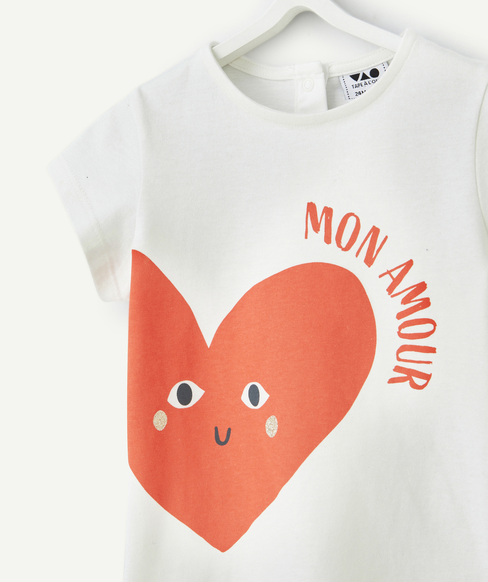t-shirt bébé fille en coton bio blanc avec motif coeur et message rouges