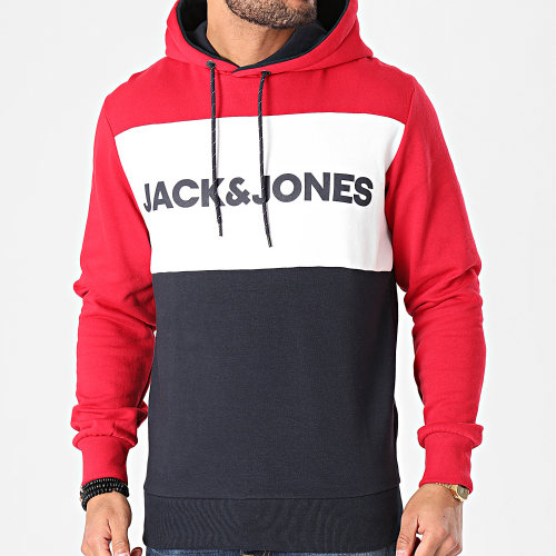 Sweat Capuche Logo Blocking Bleu Marine Blanc Rouge