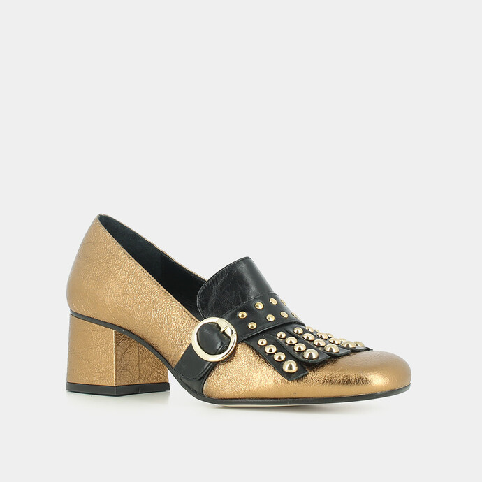 Mocassins en cuir métallisé bronze  à patte frangée et cabochons