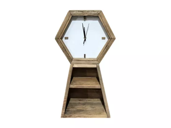 Horloge hexagonale H. 60 cm en bois de pin recyclé 2 niches - CHALET