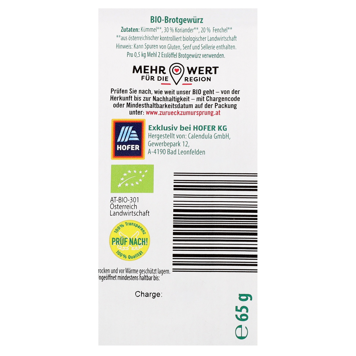 ZURÜCK ZUM URSPRUNG BIO-Gewürze, Brotgewürz 65 g