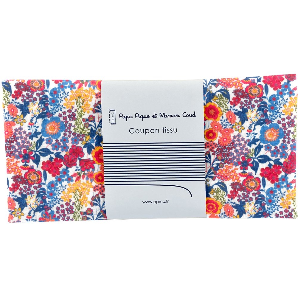 Coupon Tissu 50 Cm Fleuri Orange Bleu Blanc Ex1064