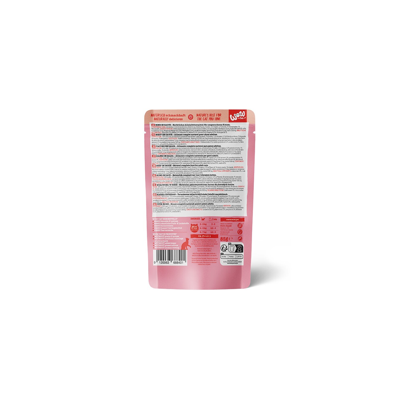 WOW Nassfutter Katze, Adult, in Sauce 8x85 g Rind