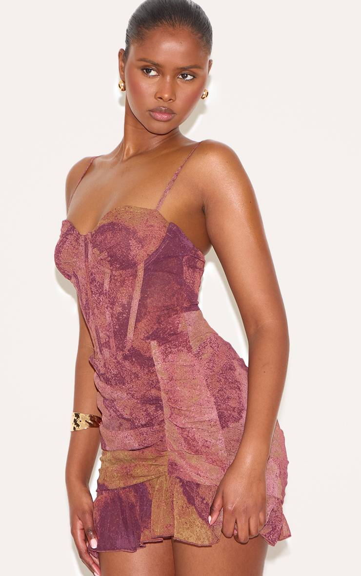 Violet Foncé Robe Moulante À Imprimé Fleuri Avec Corset Et Ourlet À Volants