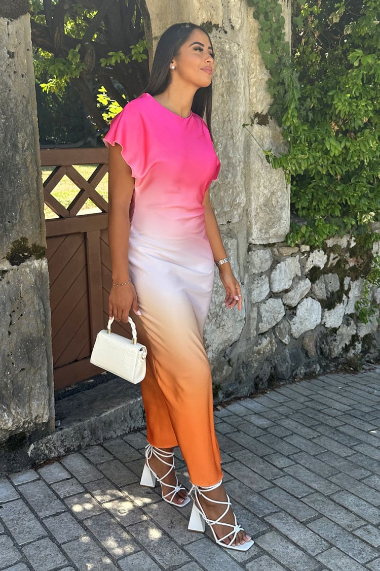 Robe rose longue satinée dégradé