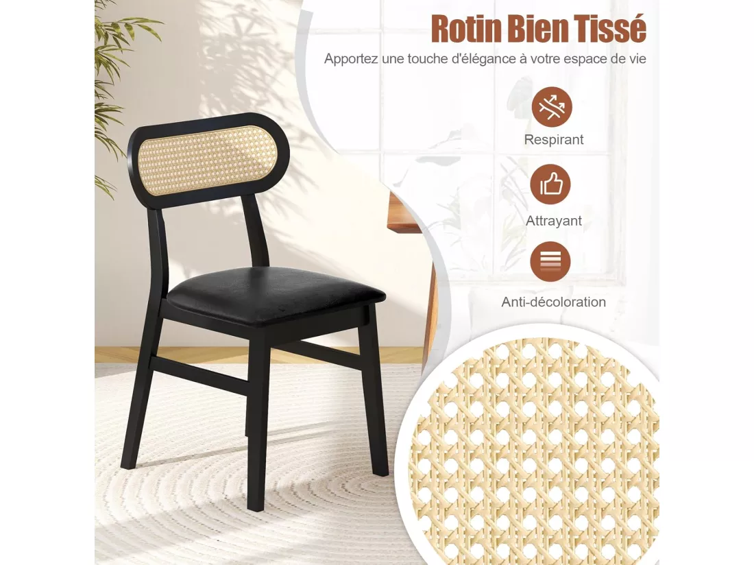 Chaise Salle a Manger Lot de 2, Chaise Salle a Manger Bois d'Hévéa, Dossier Rotin Cannage, Siège Rembourré en Similicuir, Chaise en Bois Salle a Manger pour Salon, Cuisine (Noir)