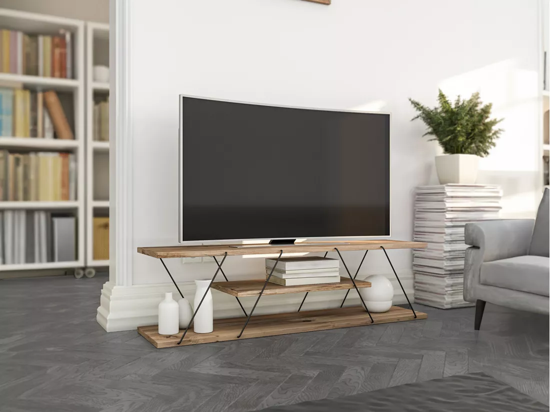 Meuble TV avec 1 étagère - Naturel et noir - DELORY