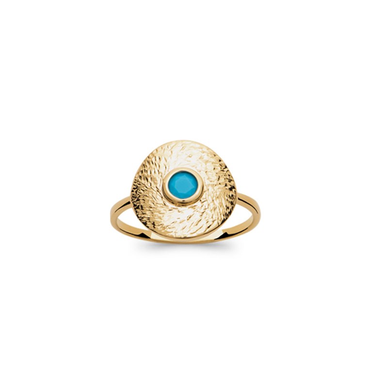 Bague pour femme KENZA en plaqué or jaune martelé ornée d'une pierre bleue- Bijoux Privés Discovery