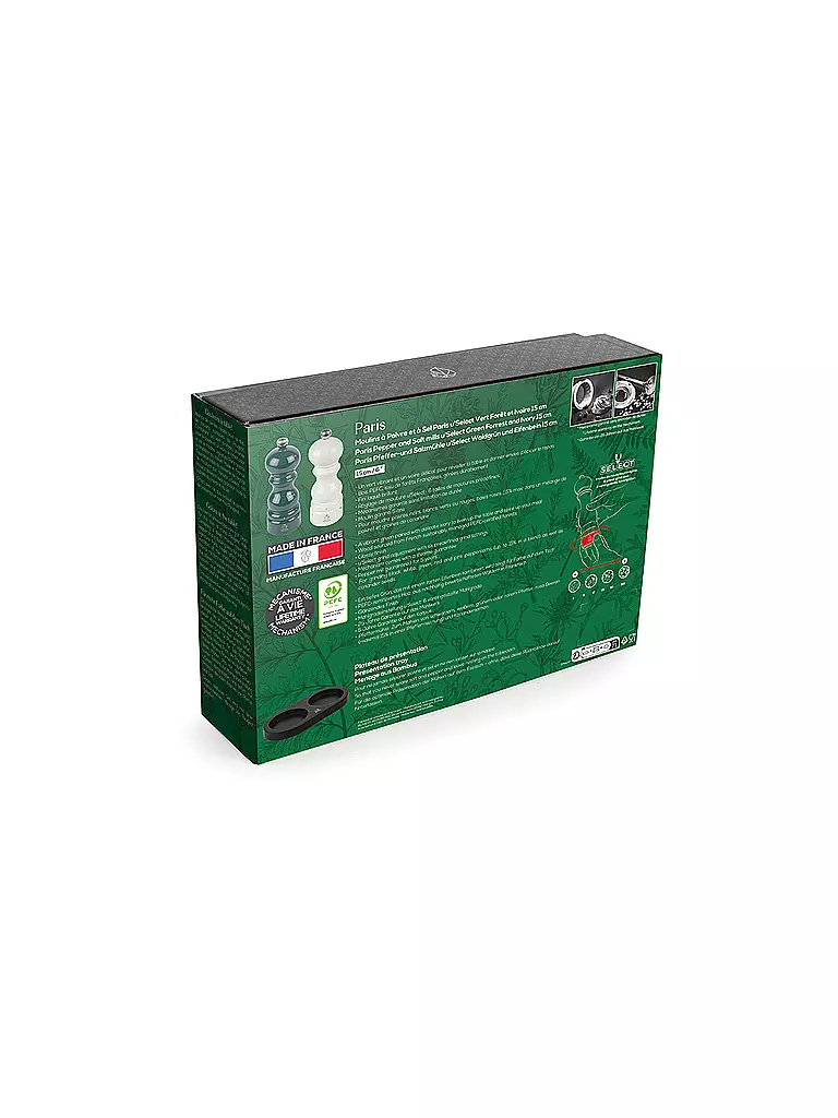 PEUGEOT Geschenkset - Duo u'Select Paris Pfeffer- und Salzmühle 15 cm, mit schwarzem Menage Gruen und Elfenbein  dunkelgrün
