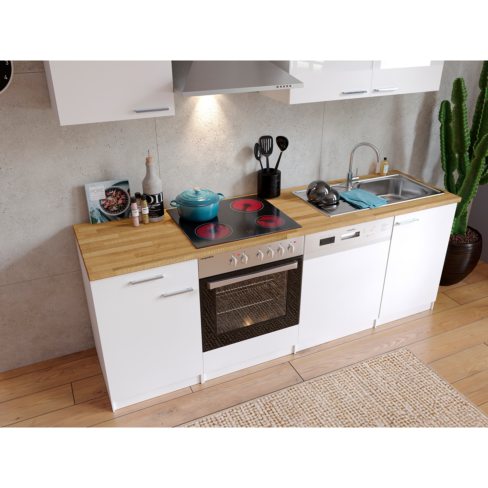 RESPEKTA Küchenblock - weiß - mit E-Geräten - 220 cm
