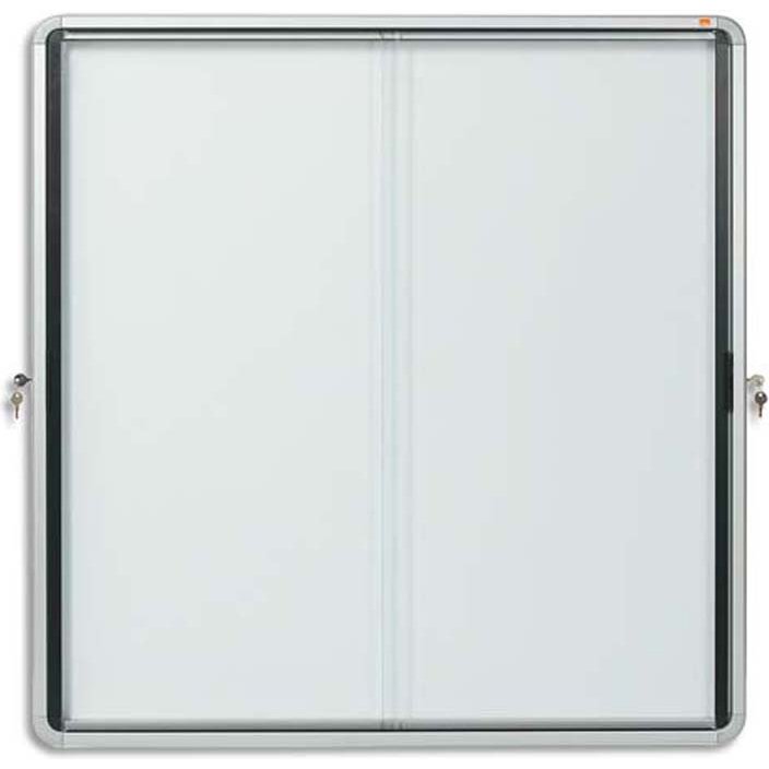 Vitrine portes coulissantes nobo verre épaisseur 4mm fond métallique magnétique cadre alum. anodisé 12f a4 141x76.6x6cm