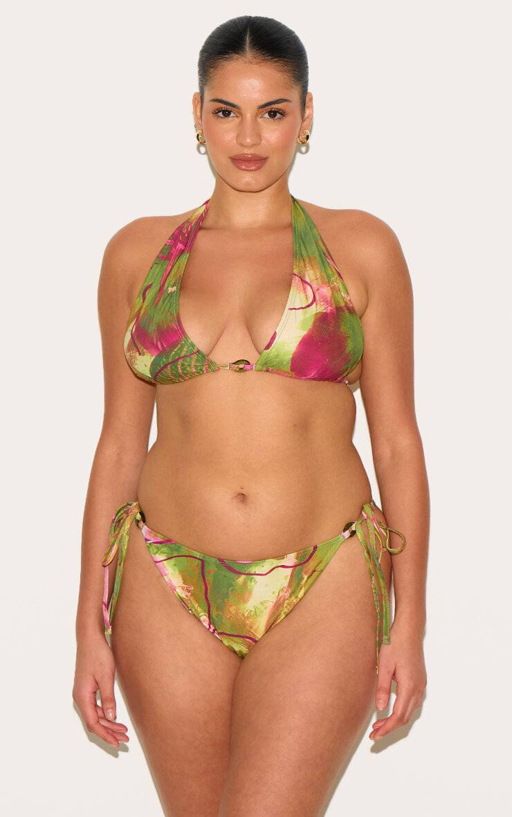 Vert Olive Bas De Bikini Grande Taille À Imprimé Orchidée Avec Liens Sur Les Côtés