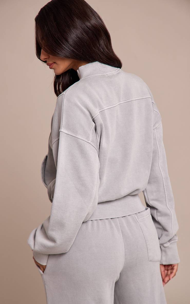 Washed Grey Sweat-shirt Petite À Col Cheminée Et Fermeture Éclair