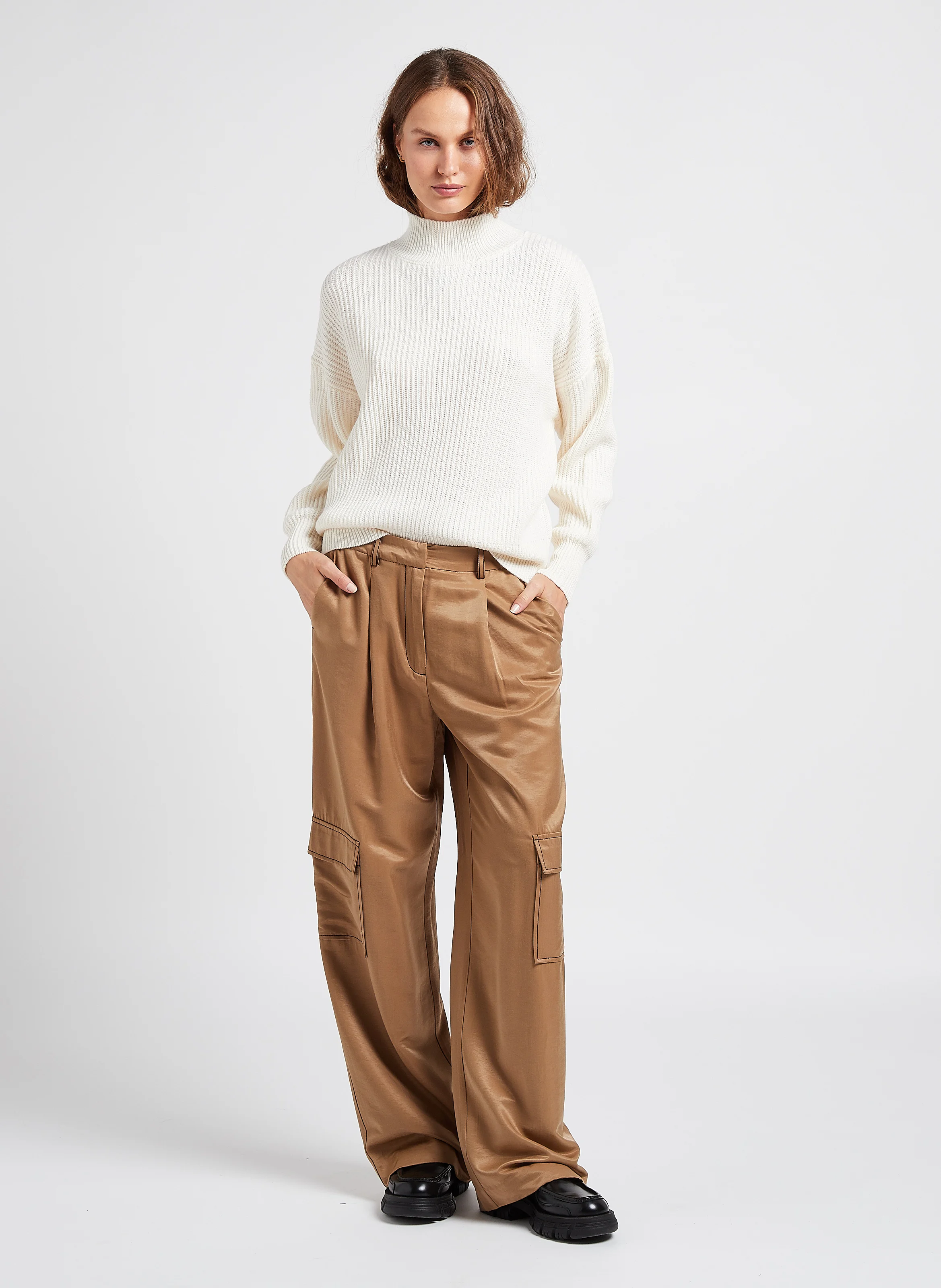 CILIE - Pantalon large satiné| Marron