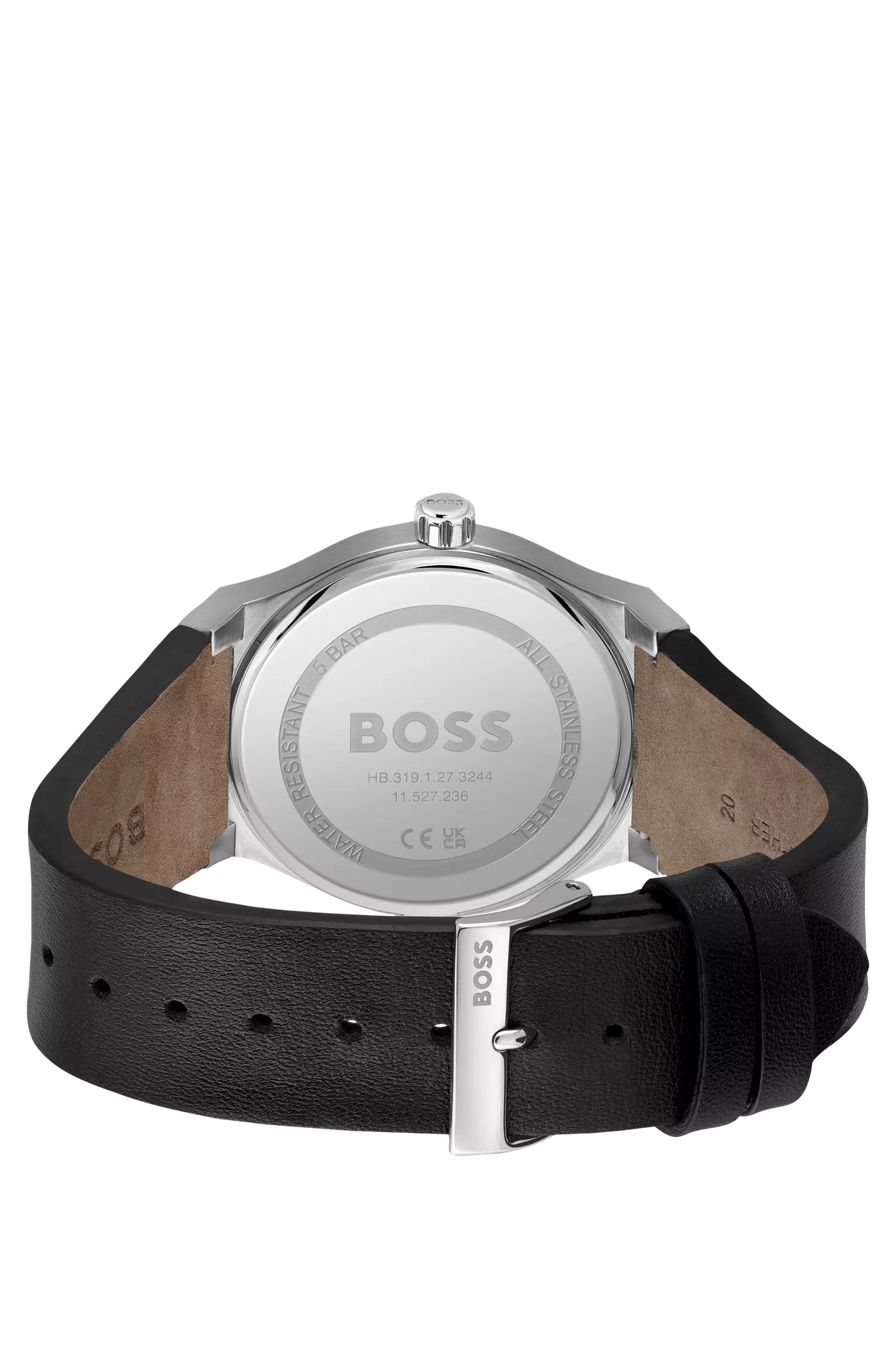 Relógio BOSS com mostrador preto e pulseira de couro.