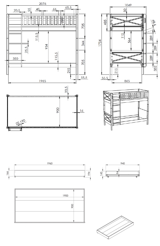 Etagenbett SCOTT - weiß - mit Bettschublade - 90x200 cm