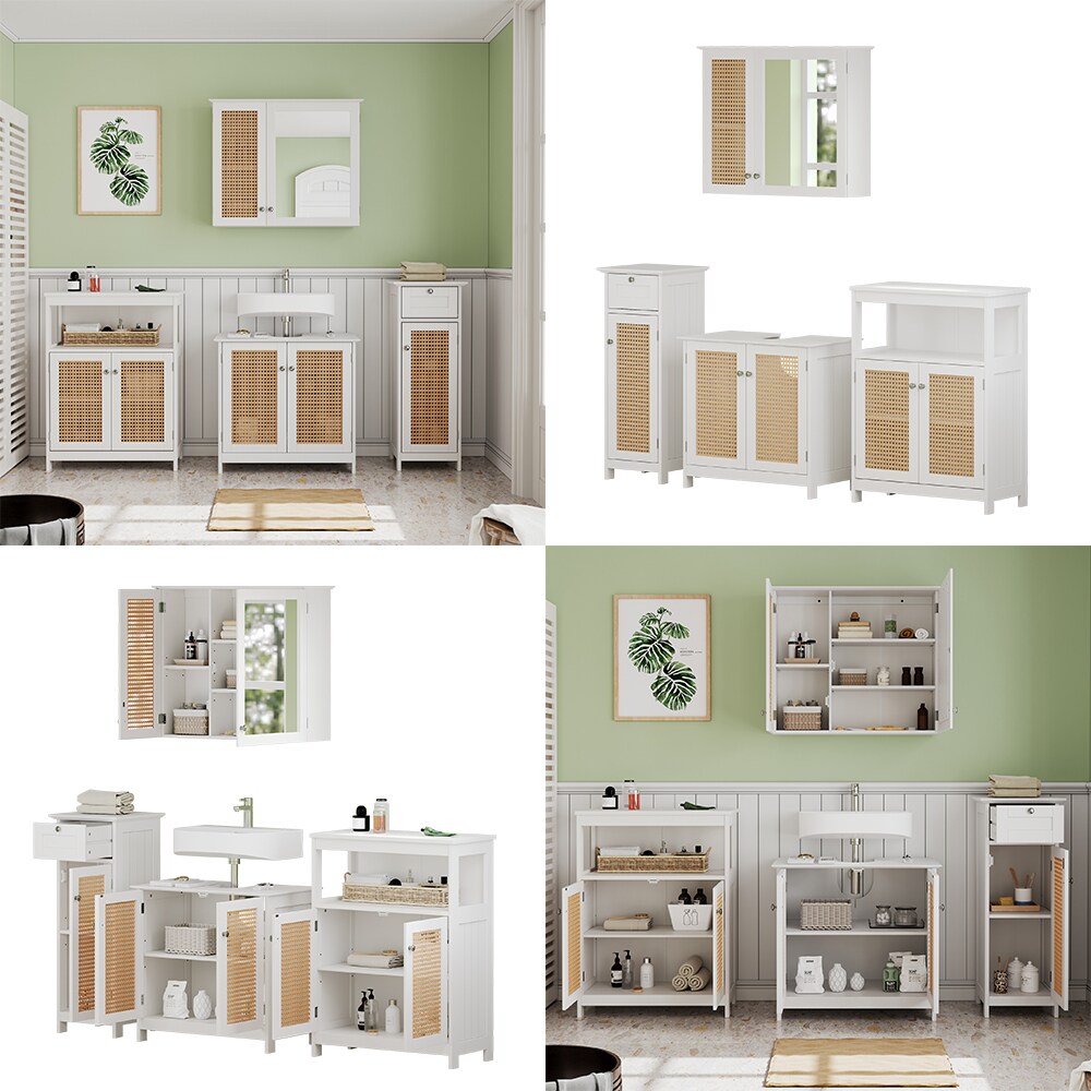 Vicco Badmöbel-Set Rosario, Weiß, moderne Serie, Badezimmer, dekorative Front, Spiegelschrank, Waschtischunterschrank, Midischrank, Sideboard