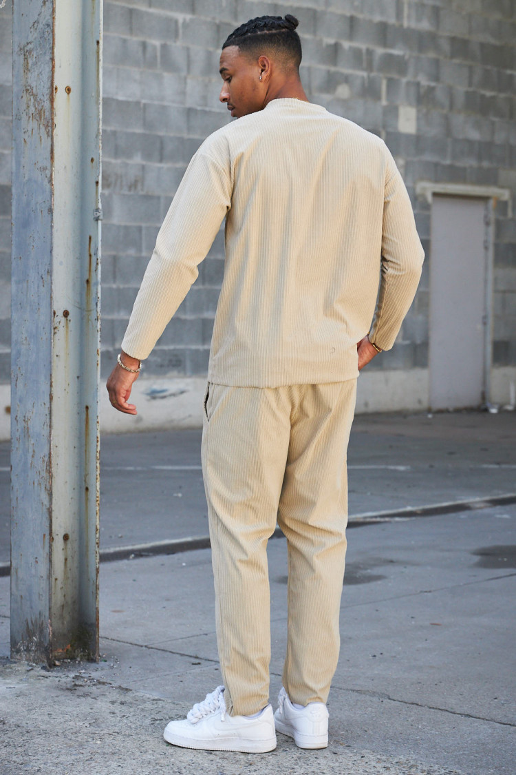 Ensemble 2 pièces pull + pantalon en velours côtelé beige