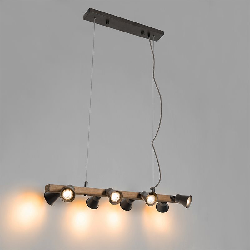 Landelijke hanglamp zwart met hout 8-lichts - Jelle