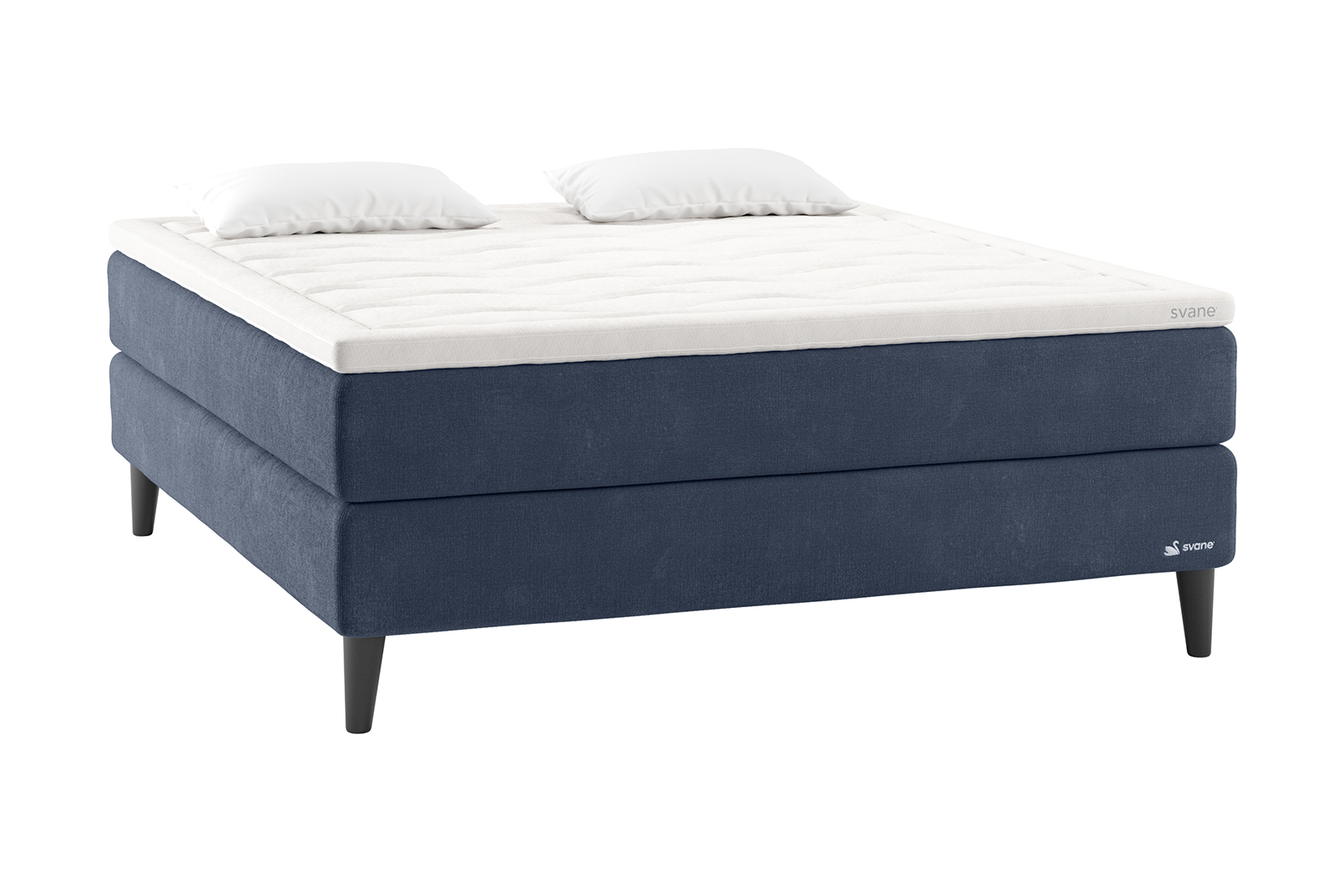 Zilva kontinentalseng 180x200 cm. Tekstil Moment Marine med Embrace LatexGel overmadrass og 14 cm sorte Cone ben. Uten hodegavl