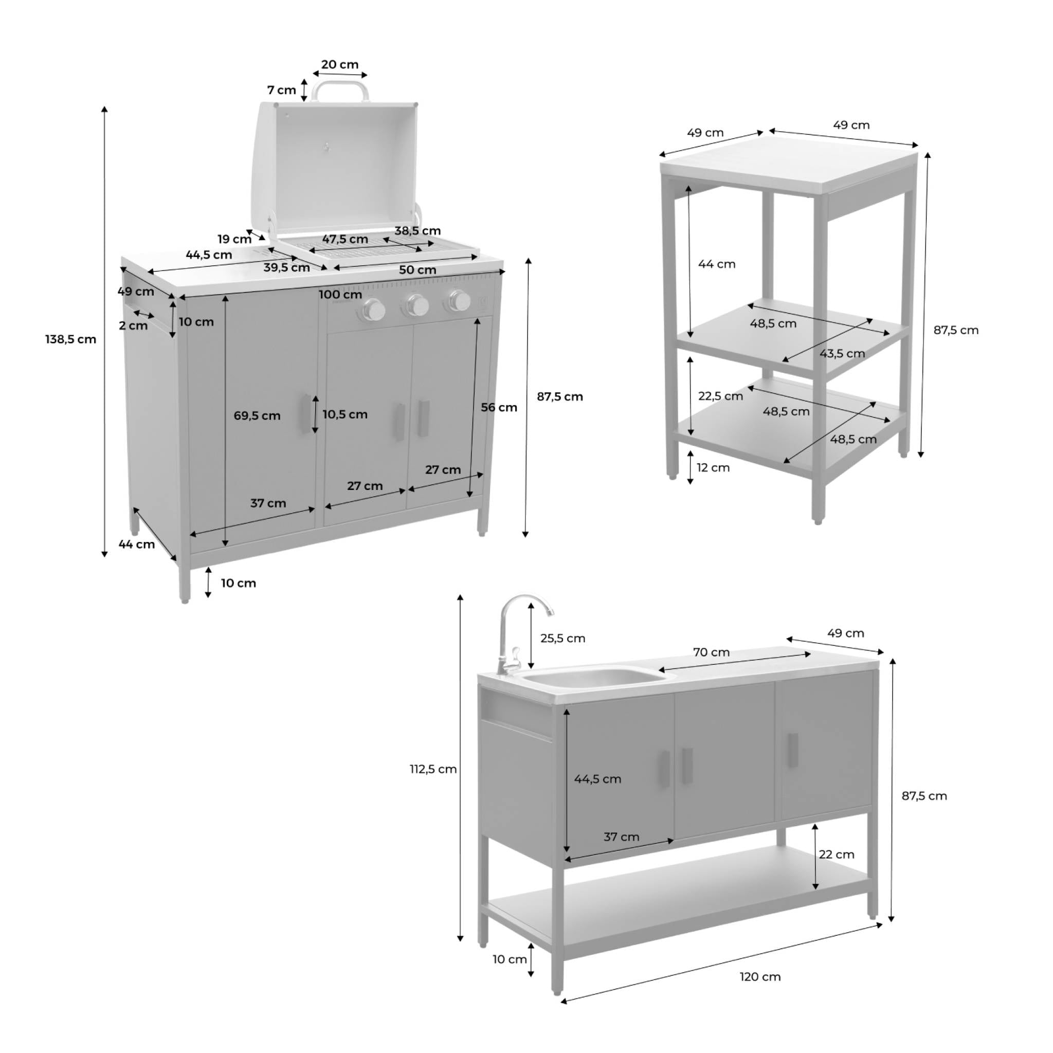 sweeek - Buitenkeuken 3 modules met gasbarbecue staal