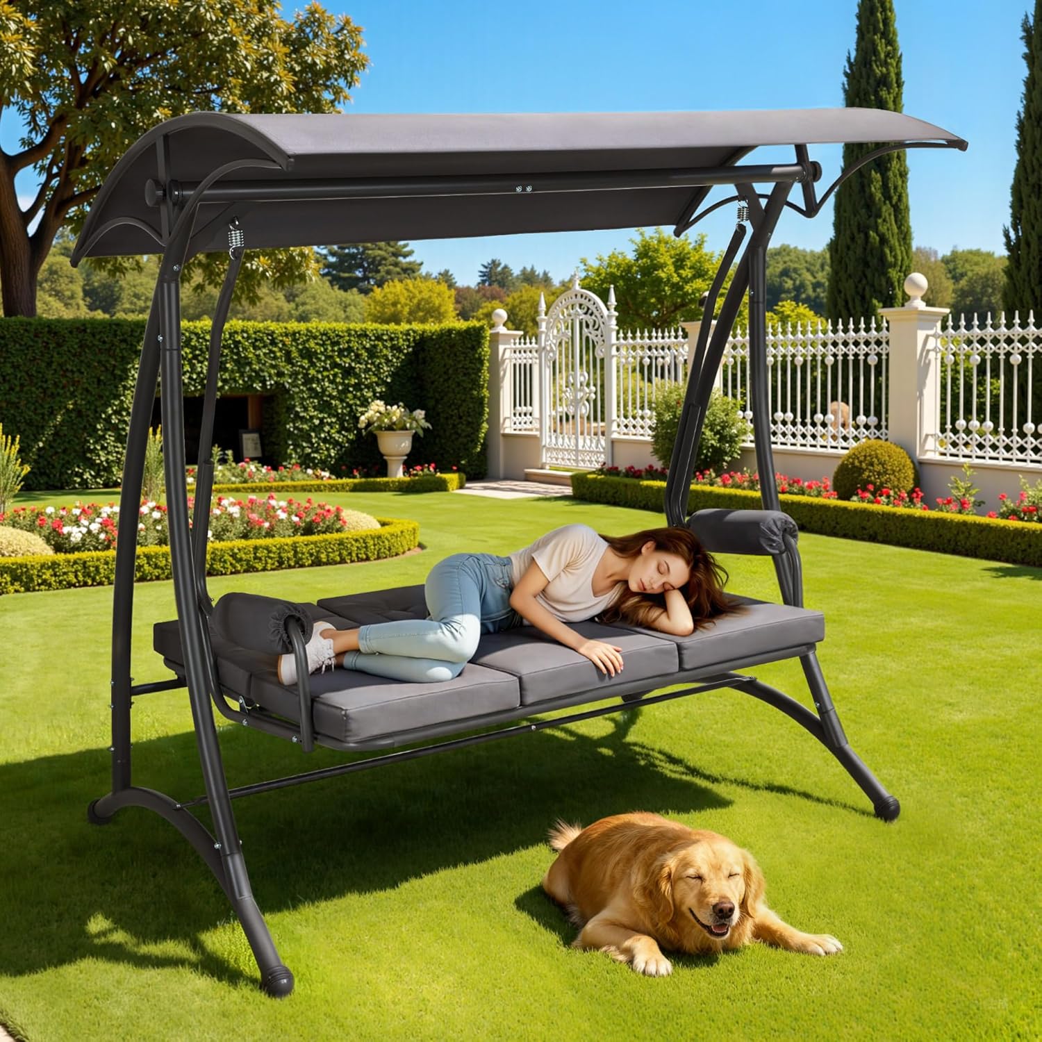 M MCombo 3-Sitzer Hollywoodschaukel mit Liegefunktion, 3 Extradickem Sitzkissen & Silent-Haken, Ruhige Gartenschaukel bis 300kg Belastbar, 193x119x185 cm, Schaukelbank Outdoor Wetterfest 4025 (grau)