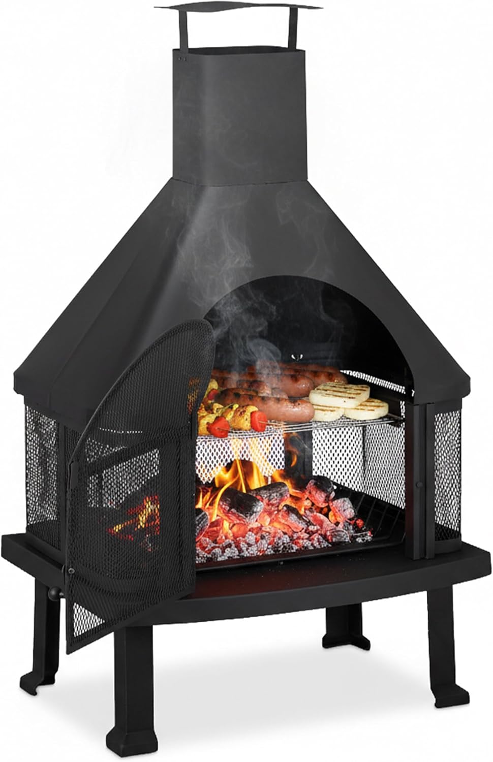 Relaxdays, schwarz Terrassenofen mit Grill, Feuerstelle mit Funkenschutz, Schürhaken, massiv, Stahl, 110 x 63 x 51 cm 10026555