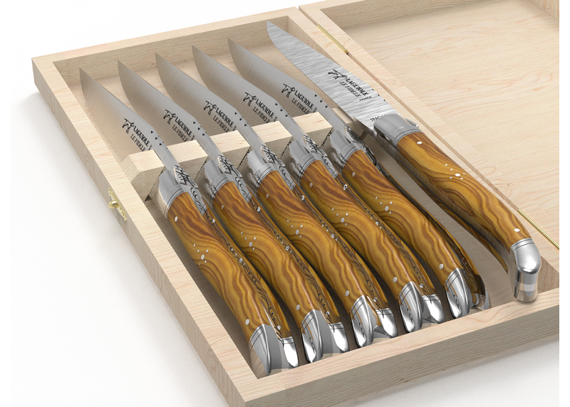 Service de 6 couteaux Laguiole avec un manche en bois d'olivier et mitres en acier inoxydable