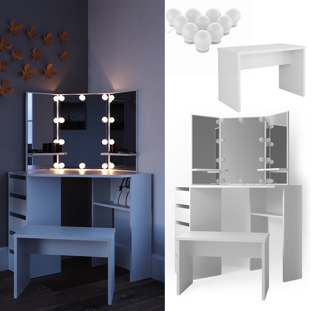 Vicco Eckschminktisch Arielle Kosmetiktisch Frisiertisch Schminktisch Weiß inklusive Sitzbank und LED-Lichterkette