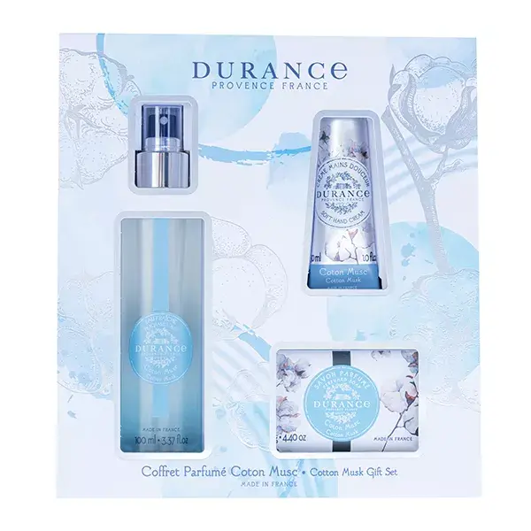 Conjunto de Presente Durance Cotton Musk com Aroma 2023: Água Fresca 100ml, Sabonete 125g, Creme para as Mãos 30ml