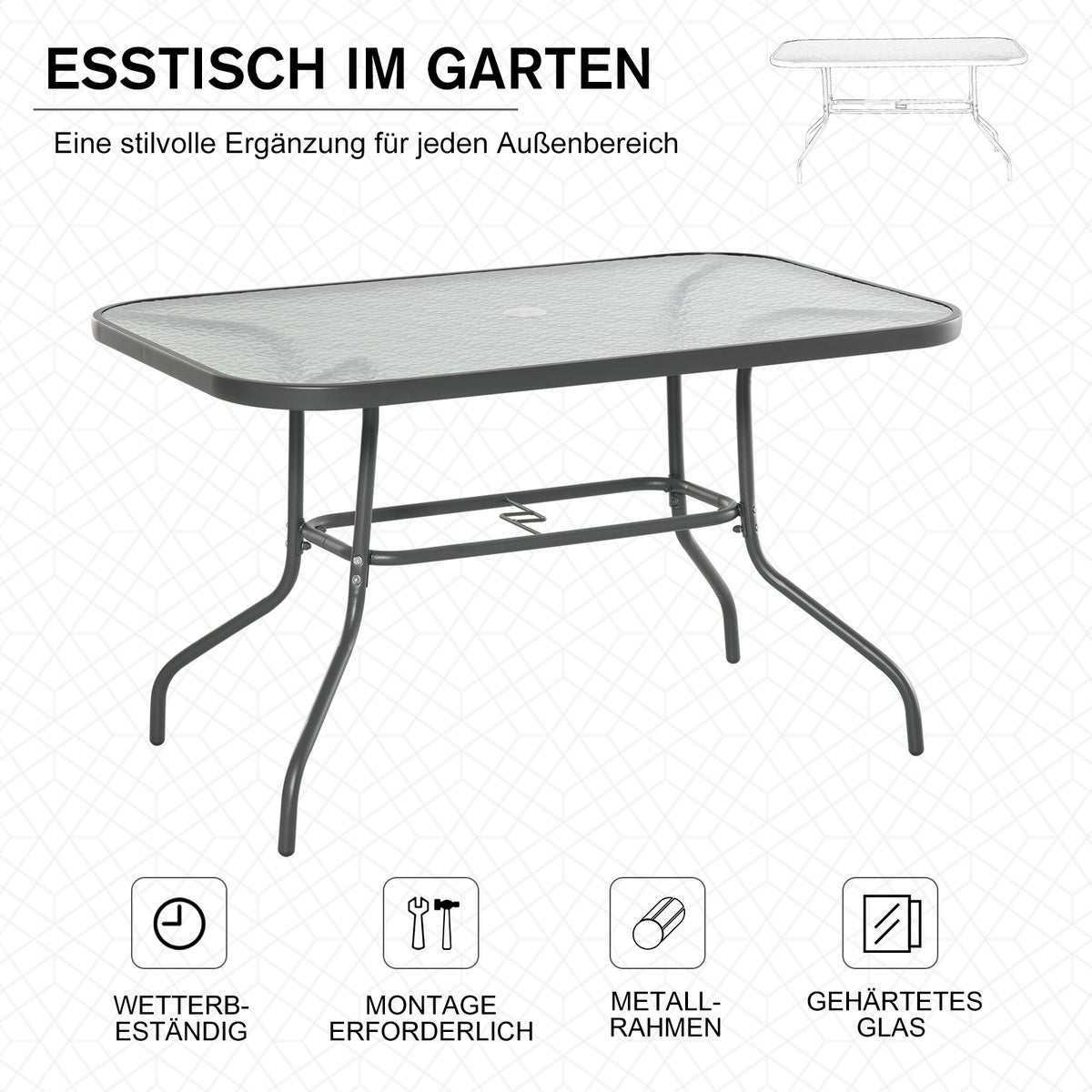 Outsunny tuintafel, bistrotafel met glazen blad, parasolgat, 120 x 80 x 70 cm, gehard glas + metaal, carbongrijs