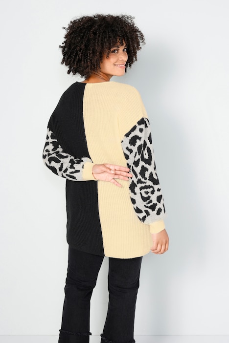 Long-Pullover, oversized, Rippstrick, Leo-Ärmel, V-Ausschnitt