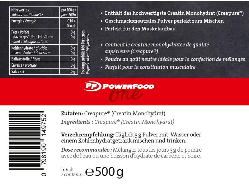 PowerFood One Pulver One – Creatine Powder Neutral 500 g Veganes Nahrungsergänzungsmittel