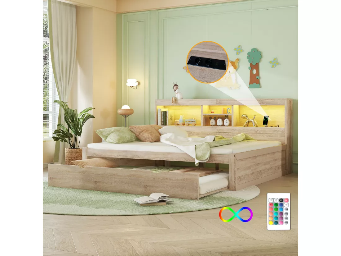 Lit banquette 140x200cm avec un lit gigogne 90x190cm - chevet de rangment avec LED et prises - Natruel