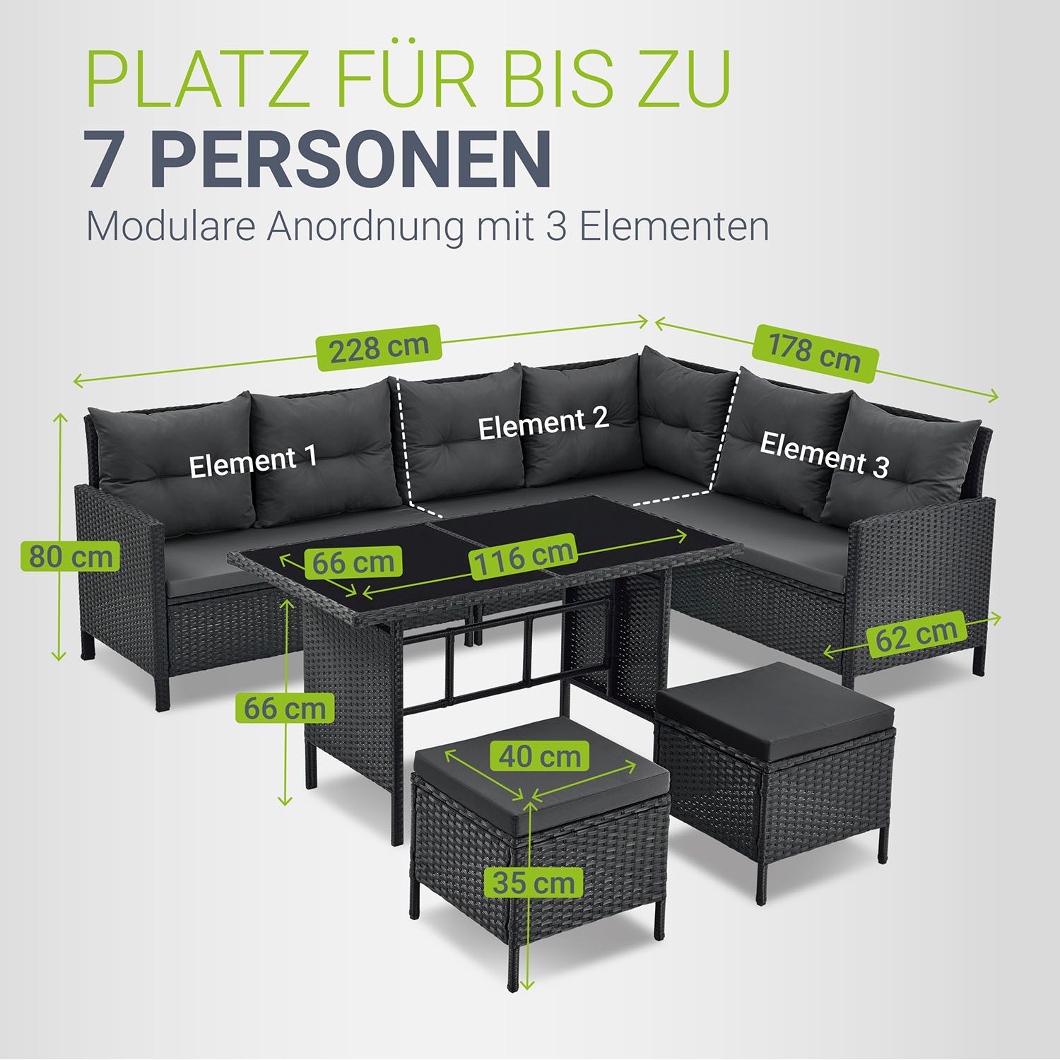 Juskys Gartenlounge Manacor schwarz - Sofa, Tisch, Hocker & Kissen - 7 Personen - Sitzbezüge in Grau