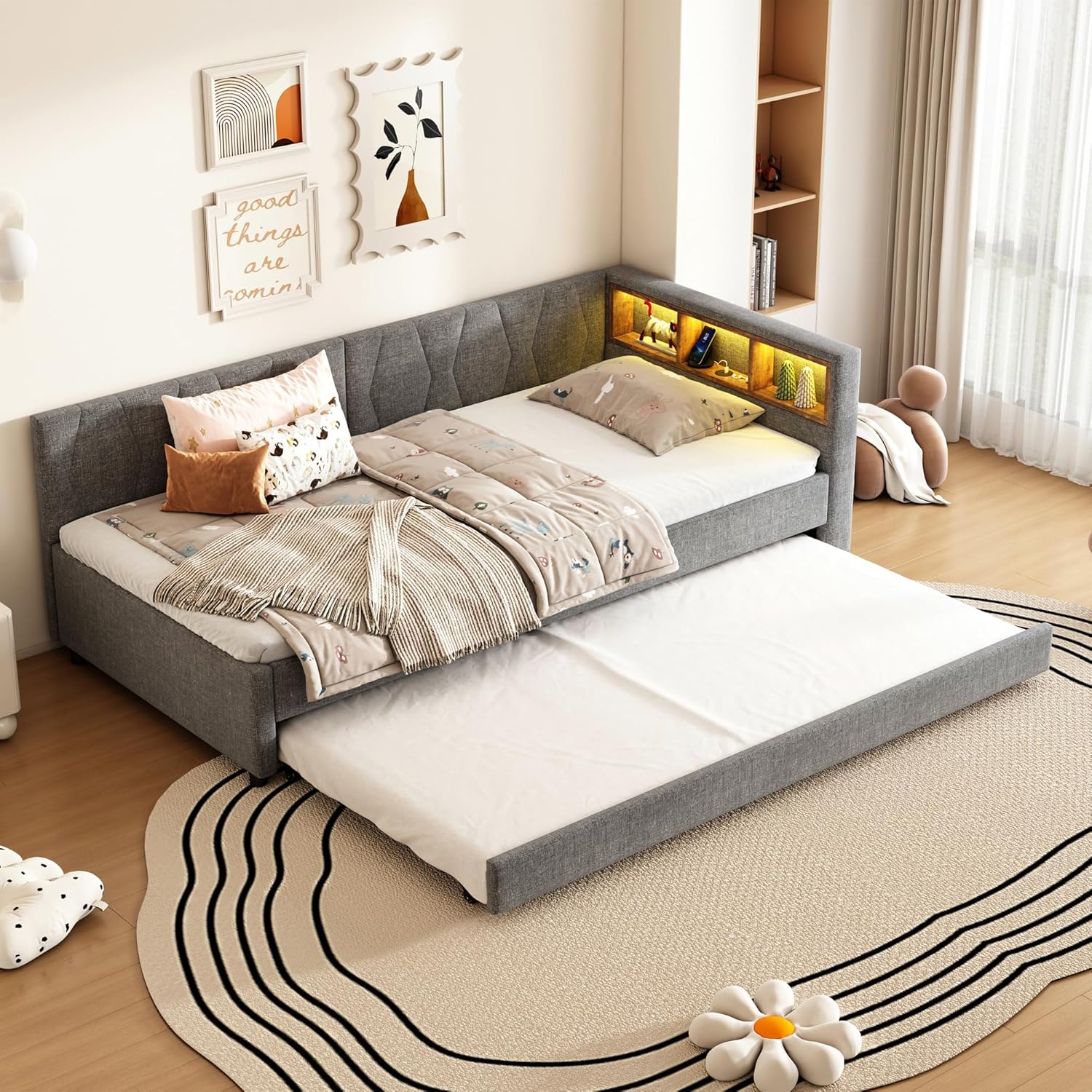 Polsterbett Schlafsofa 90x200, Einzelbett mit Ausziehbett, Daybett mit LED Staufach, Tagesbett mit USB Typ C Ladefunktion, Jugendbett Kinderbett Gästebett, Leinen, ohne Matratze, Grau