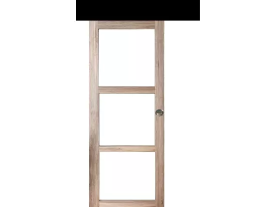 Porte Coulissante Bois Frake Vitrage Transparent H204 X L83 + Rail Bandeau Noir Et 2 Coquilles Gd Menuiseries