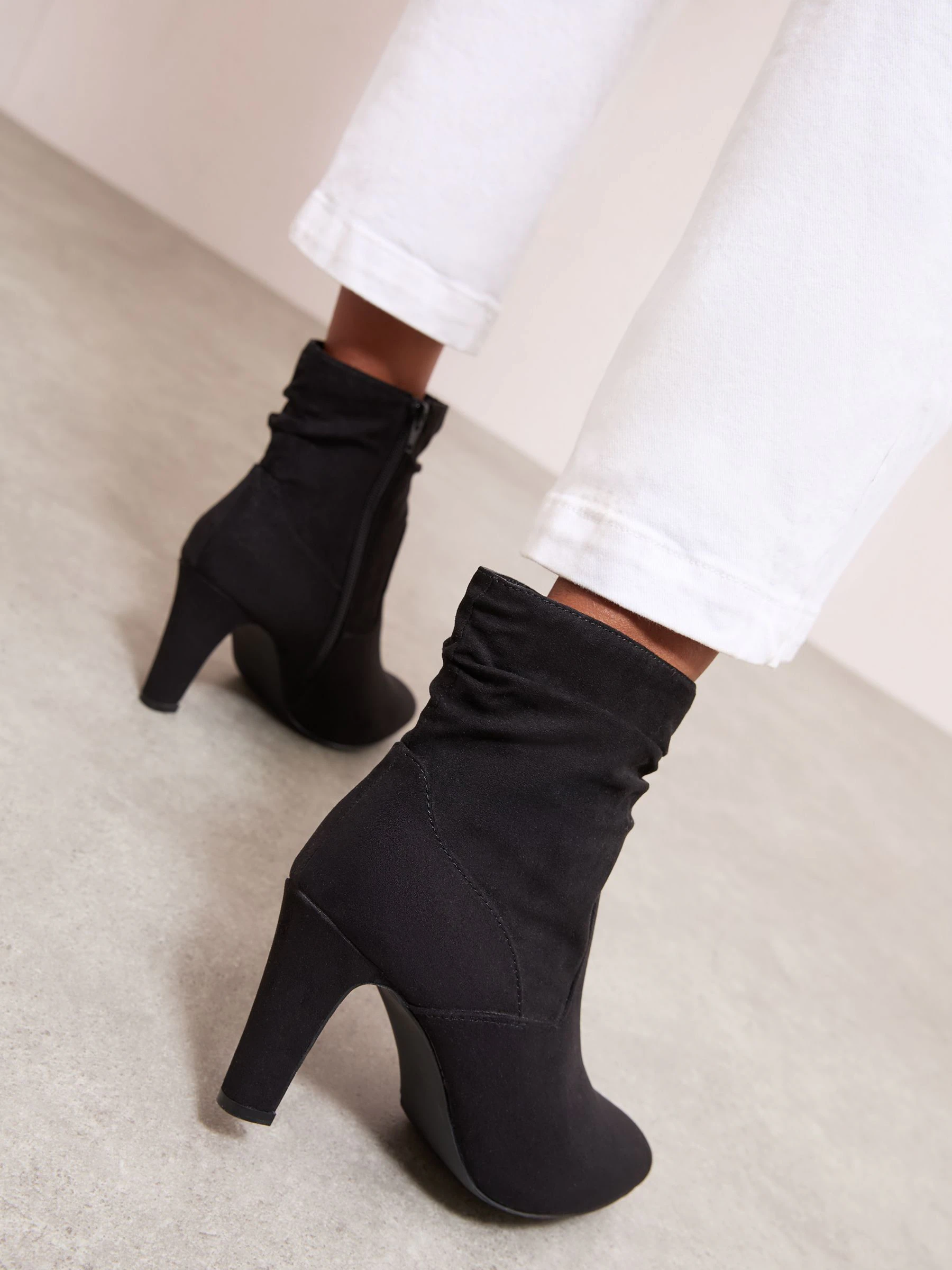 Friends Like These Mid Heel Ruched Faux Suede Ankle Boots