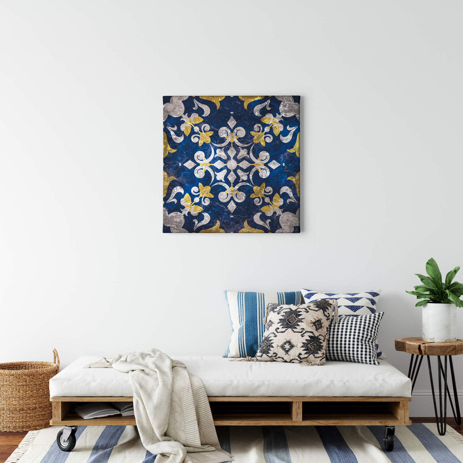 Leinwandbild PORTUGIESISCHES FLIESENMUSTER - blau-gelb - 50x50 cm