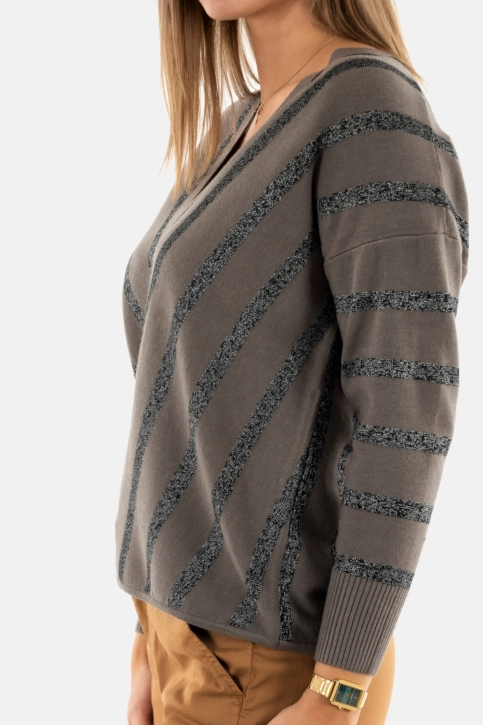 Pull hiver only new aya medium grey melange w black stripes and silver gli