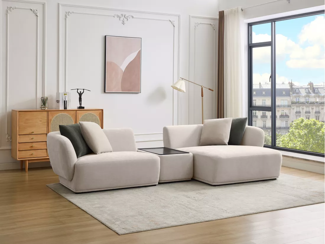 Canapé d'angle droit modulable avec tablette en tissu beige RANASO