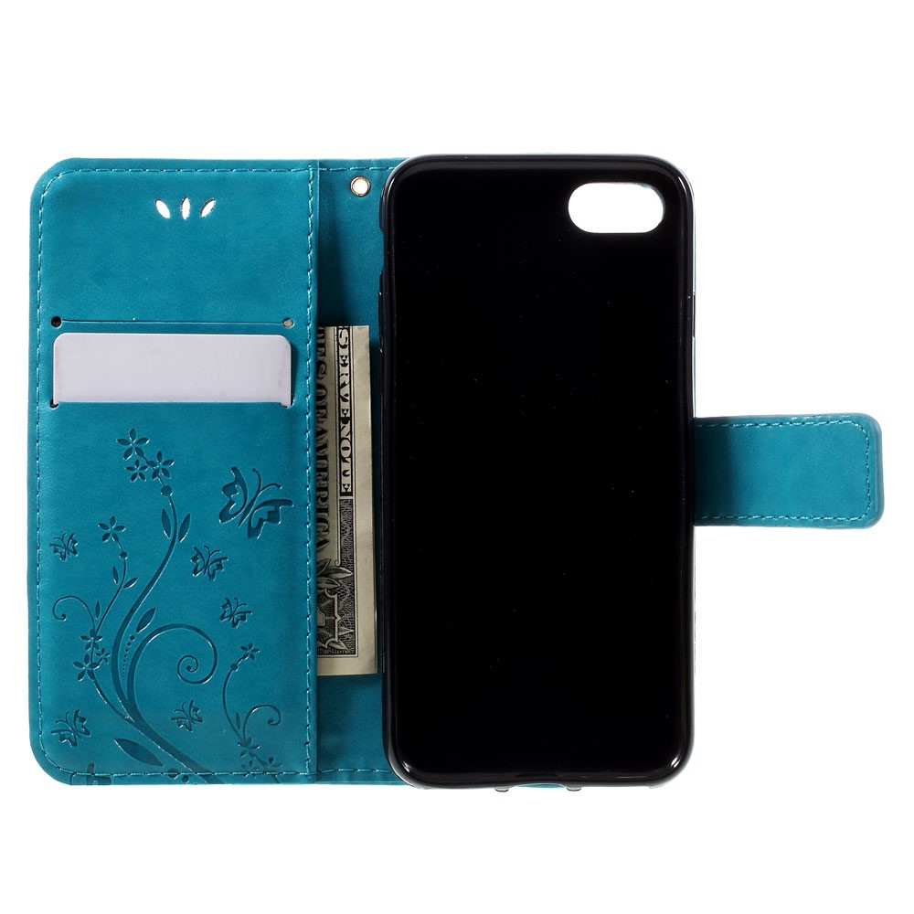 iPhone SE (2022/2020) / 8 / 7 Leder Tasche mit Kartenfach   Handschlaufe Butterfly Flowers - Blau