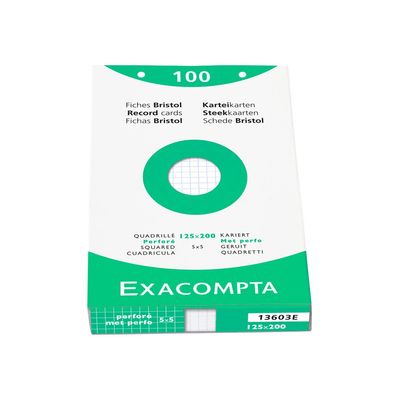 Exacompta - Pack de 100 Fiches Bristol - 12,5 x 20 cm - petits carreaux - perforées - blanc