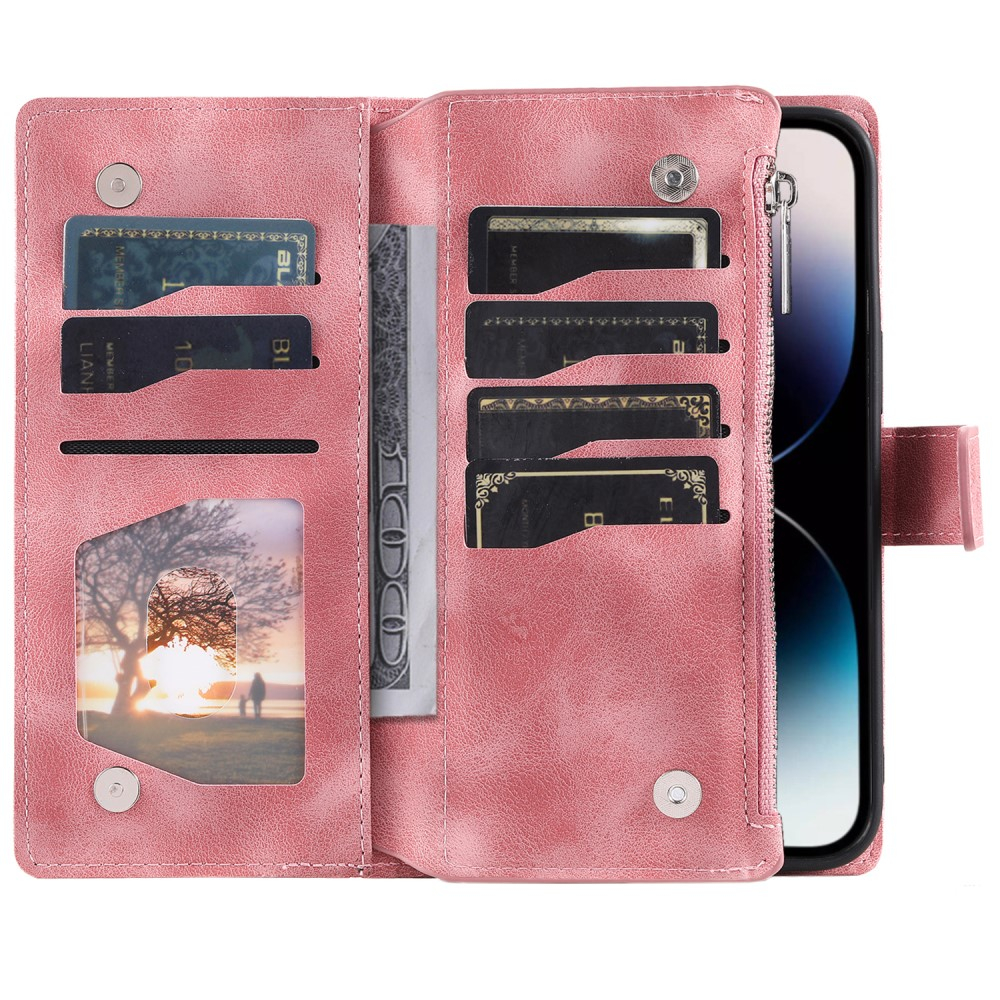 iPhone 16 Pro Leder Tasche Flip Cover mit Reissverschluss - Mandala Flowers Imprint - Rosa