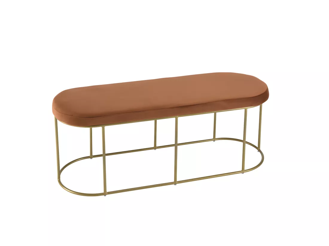ALBANE - Banc velours orange pieds arrondis métal doré