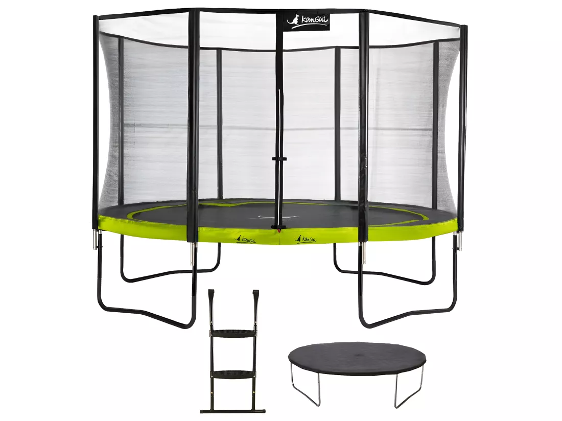 Kangui - Trampoline de jardin 365 cm + filet de sécurité + échelle + bâche de protection | PUNCHI Vert 360