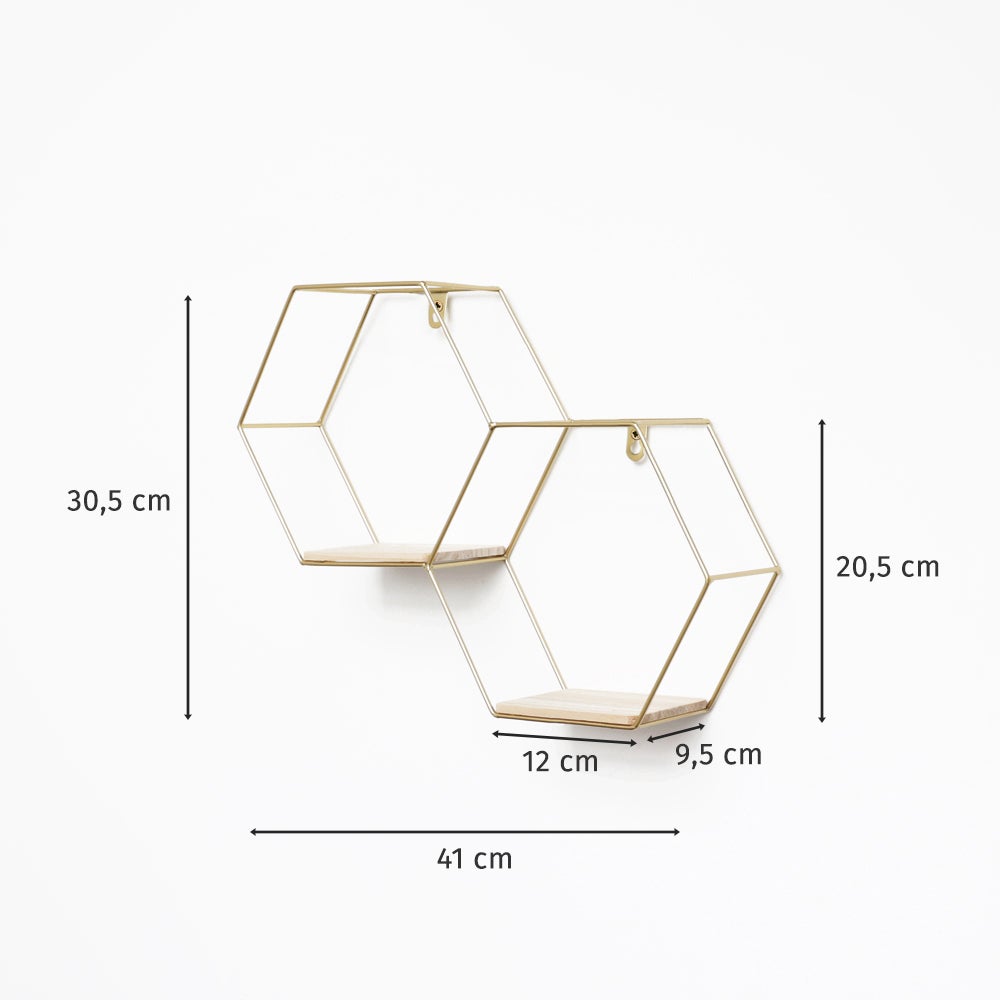 Dubbele zeshoekige metalen wandplank - 30,5 x 41 cm - Goud