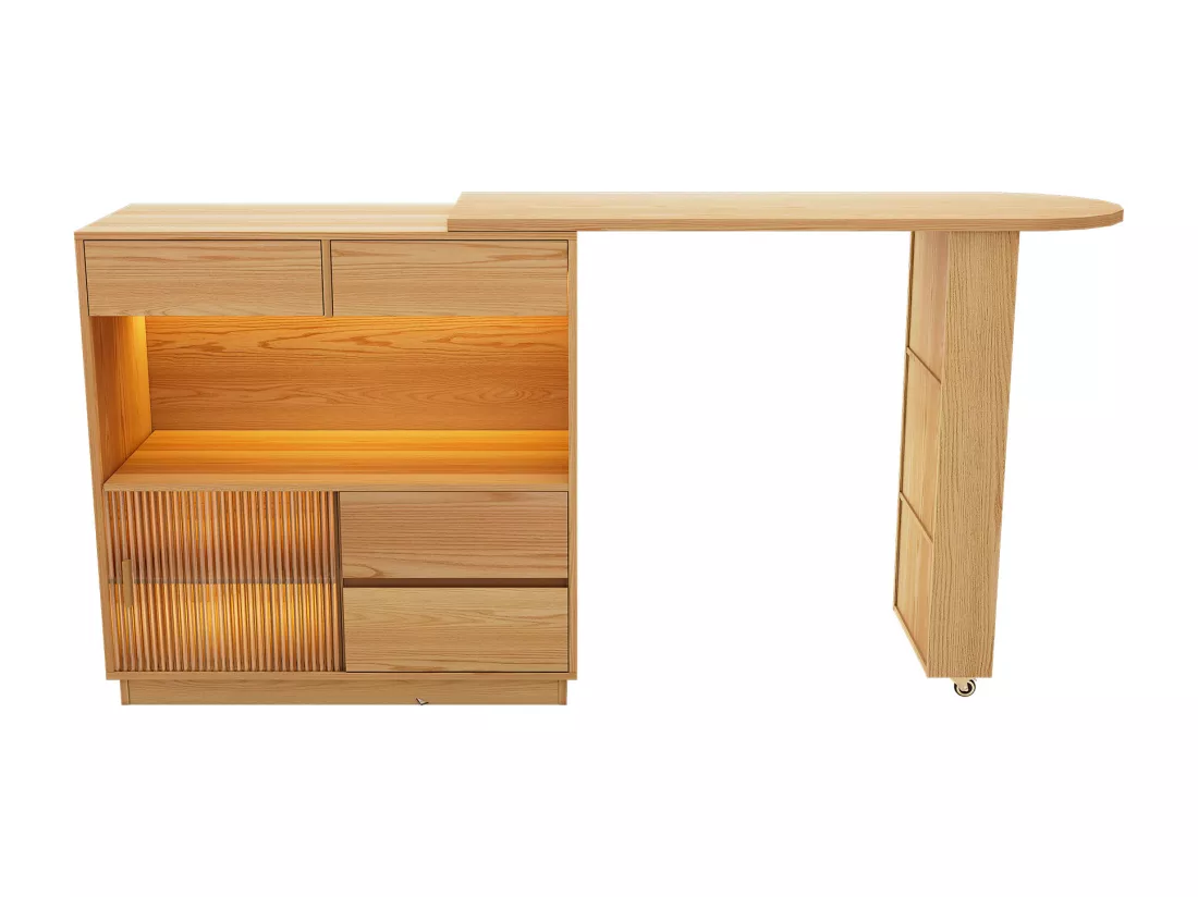 Meuble de bar extensible, Bureau d'angle - 4 tiroirs, 1 porte et étagères - Bois MDF - Naturel