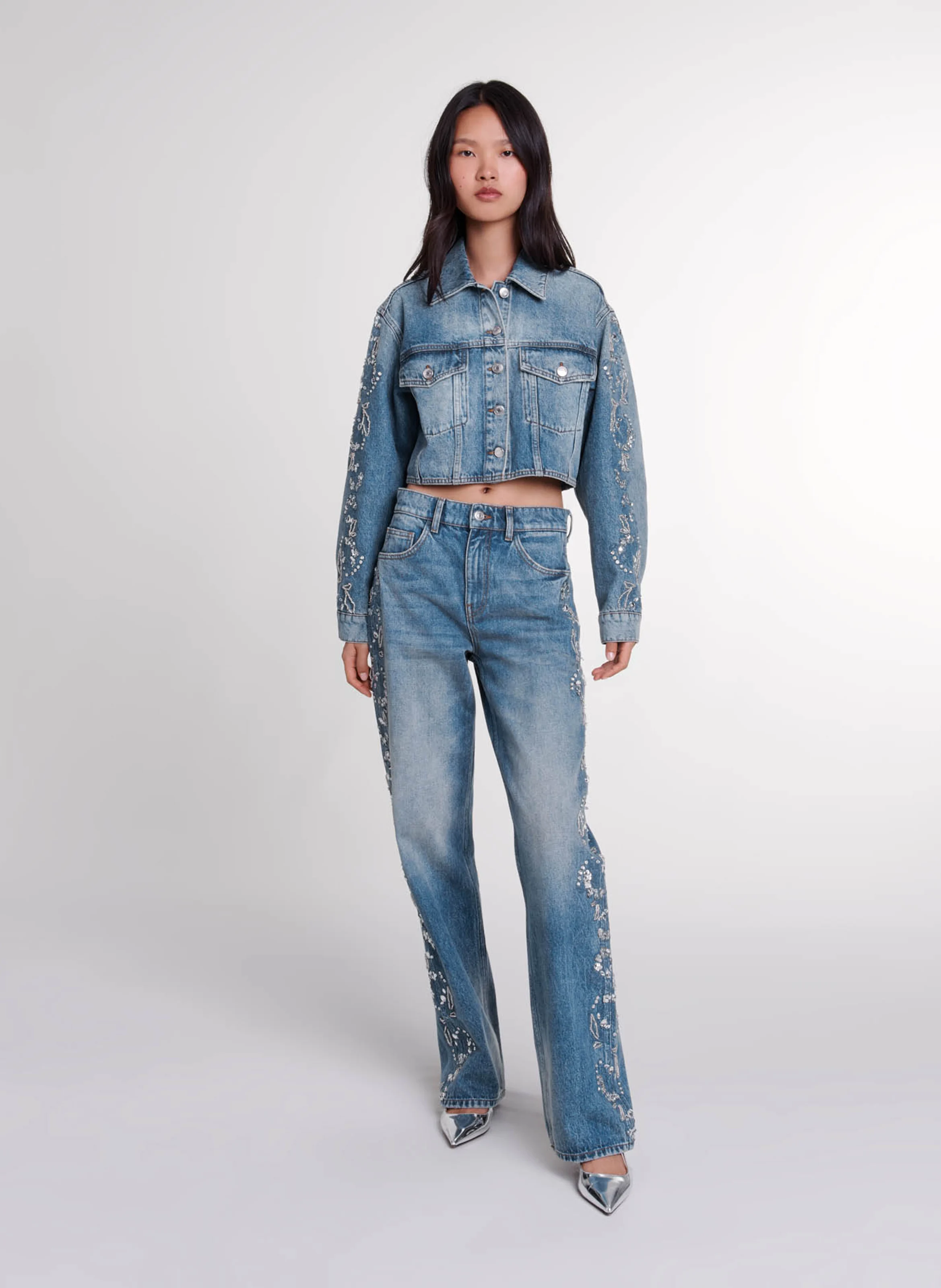 Veste en jean courte droite en coton | Bleu